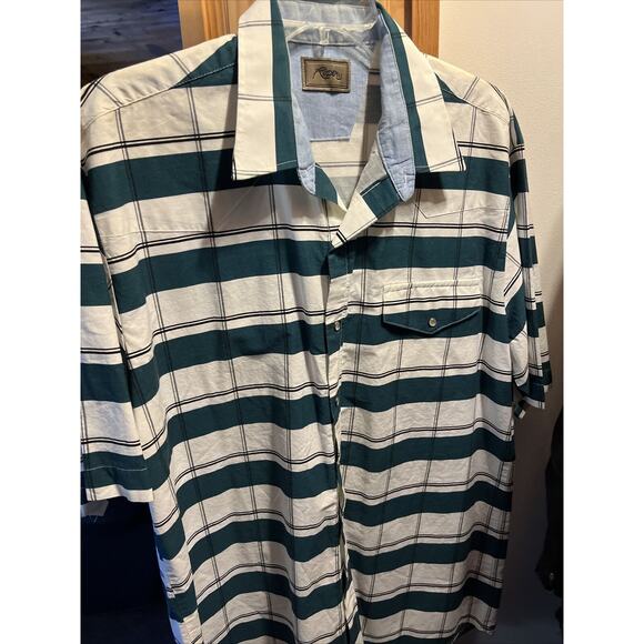 Roper Men’s XL White Green Striped Short Sleeve Pearl Snap Cotton Western Shirt - Picture 12 of 12